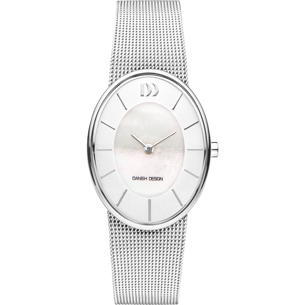 Zilveren horloge met een ovale wijzerplaat en mesh-band, voorzien van een parelmoerachtige afwerking.