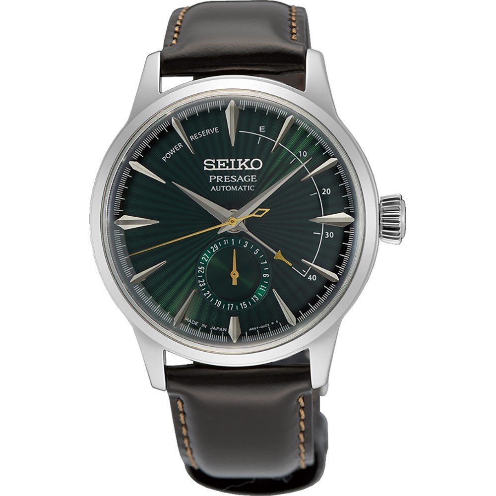 Heren horloge met groene wijzerplaat, zilveren kast en bruin leren band.