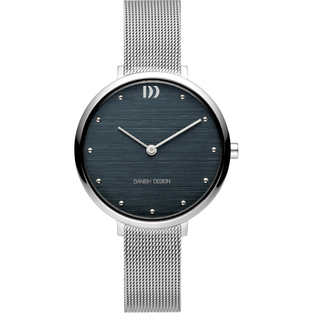 Zilveren horloge met een donkerblauwe wijzerplaat en mesh-band, voorzien van stippen als uurmarkeringen.