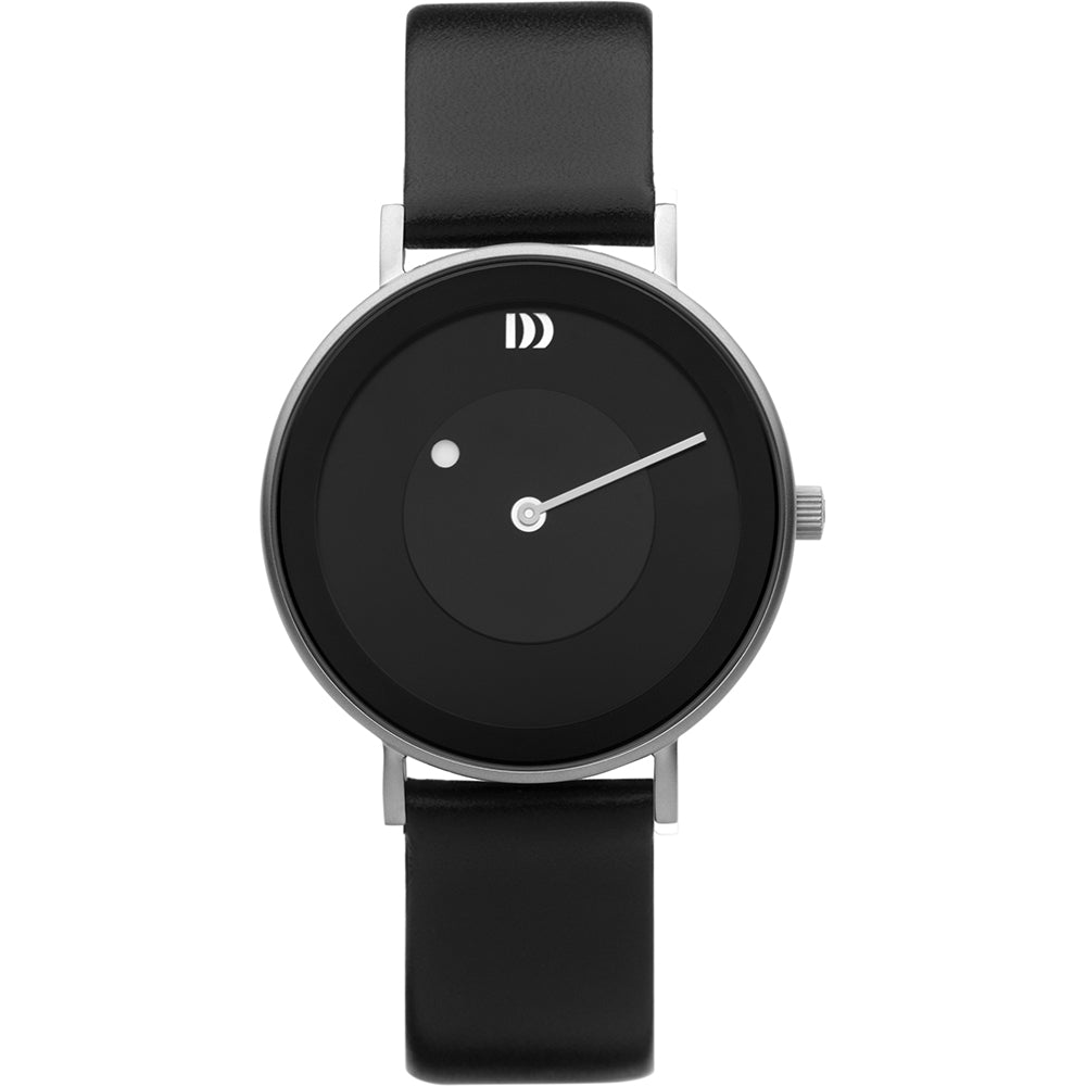 Zwart horloge met ronde wijzerplaat, zilveren kast en zwarte leren band.