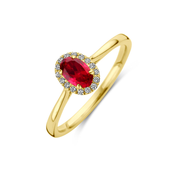 ring lab grown ruby ​​and diamond 0.075ct h si halo 14K yellow gold