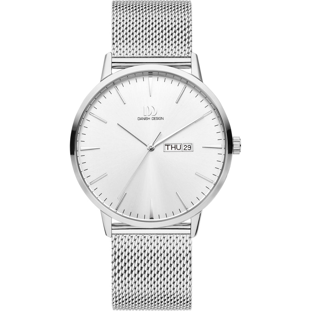 Zilveren horloge met een mesh-band, witte wijzerplaat en datumweergave.
