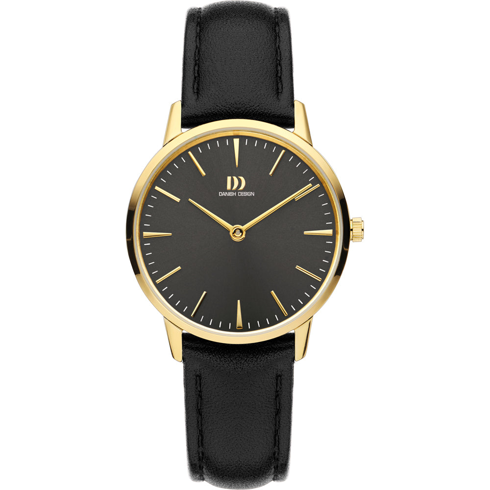 Zwart horloge met gouden kast en wijzerplaat, leren zwarte band en minimalistisch ontwerp.