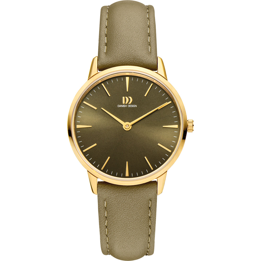 Gouden horloge met groene wijzerplaat en leren band.