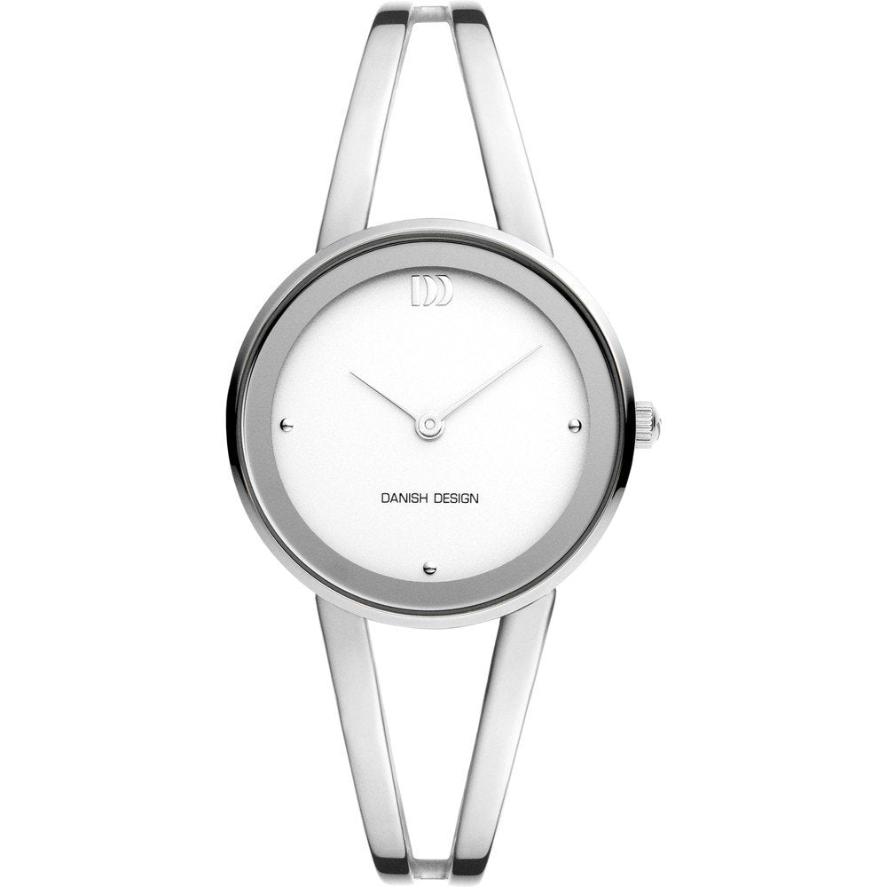 Zilveren horloge met een witte wijzerplaat en een minimalistisch ontwerp, voorzien van een slanke band.
