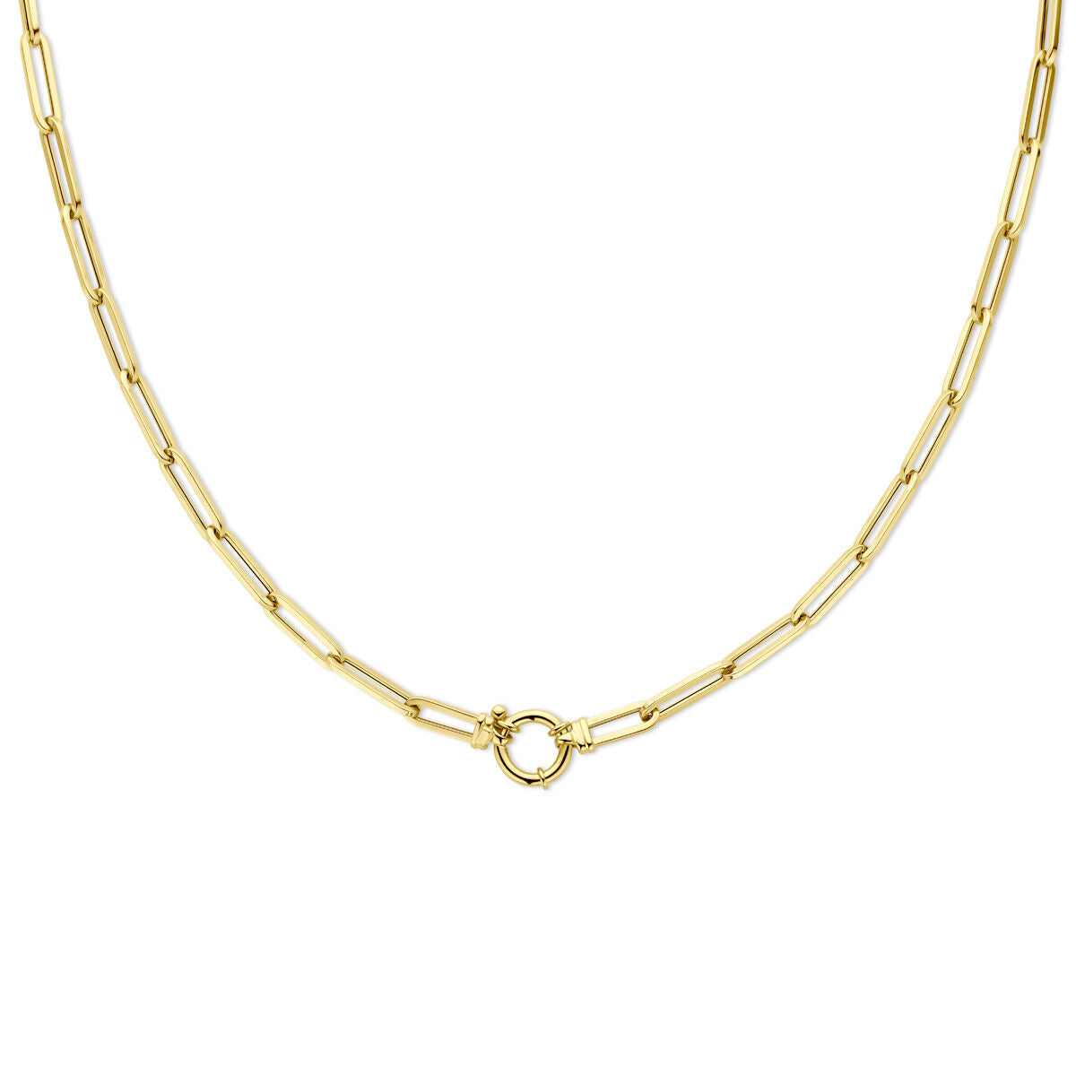 Gouden dames ketting met paperclip schakels en een vierkante buis, voorzien van een groot springslot.