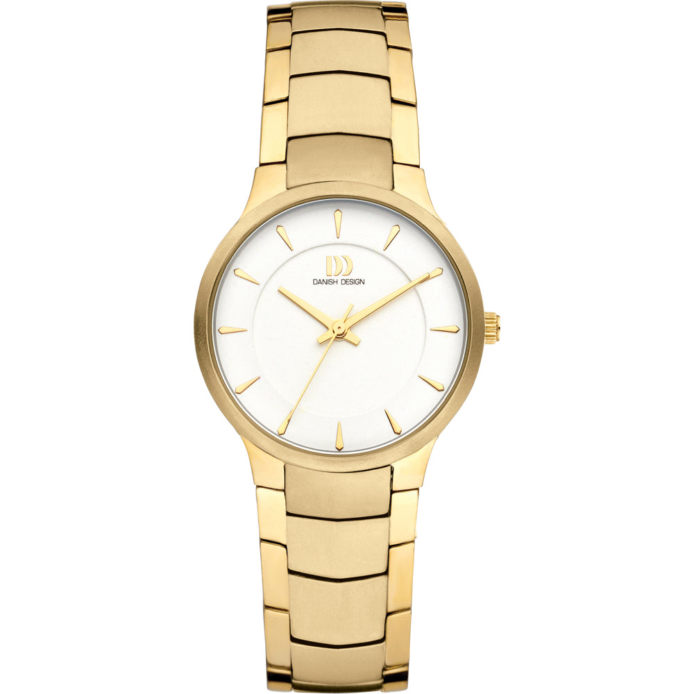 Gouden horloge met een witte wijzerplaat en een schakelarmband.