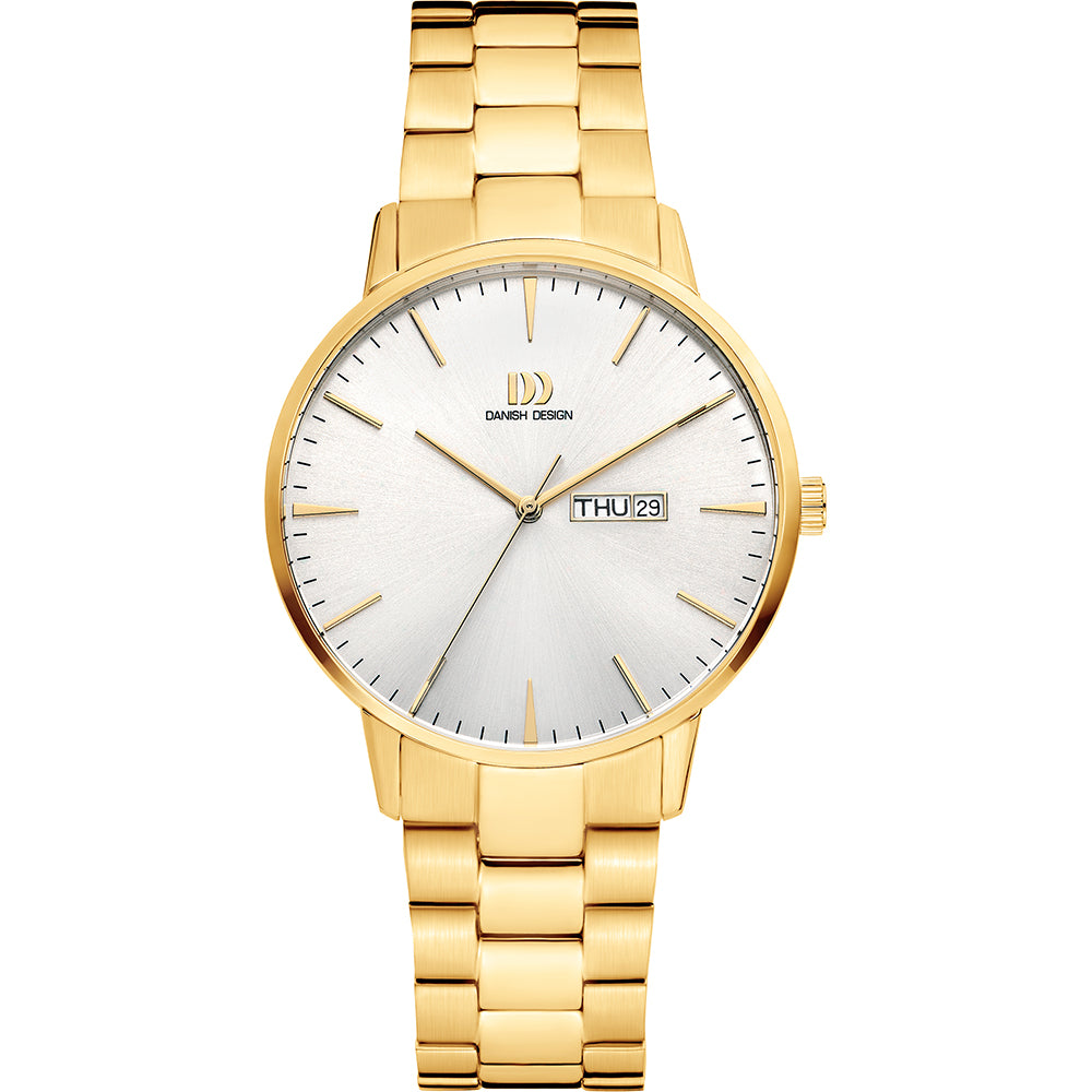 Gouden horloge met een zilveren wijzerplaat en een schakelband.