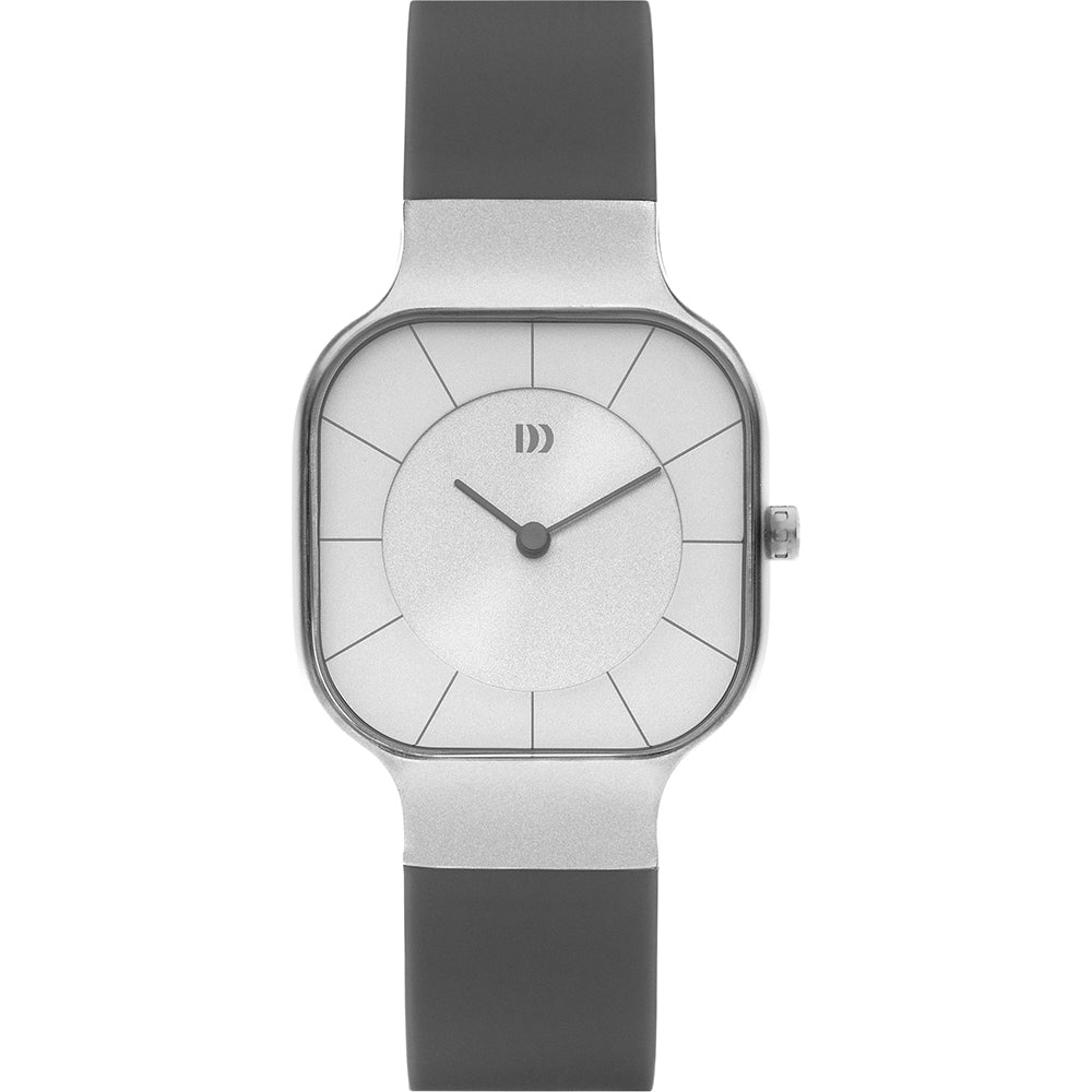 Zilveren horloge met vierkante kast, witte wijzerplaat en grijze rubberen band.