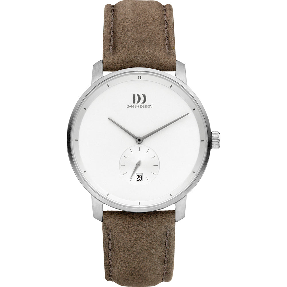 Zilveren horloge met witte wijzerplaat, bruine leren band en datumweergave.
