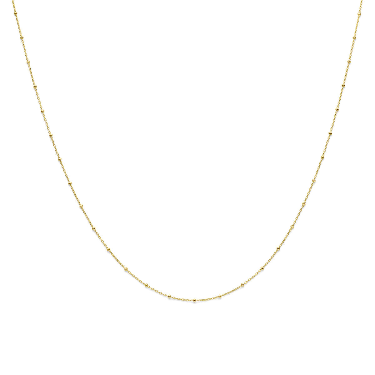 Het Van der Kooij Collectie collier bolletjes 1,3 mm 41 + 3 cm in 14K geelgoud heeft een delicaat ankerschakelontwerp met kleine kraaltjes, afgebeeld op een witte achtergrond-een tijdloos sieraad perfect voor elke gelegenheid.