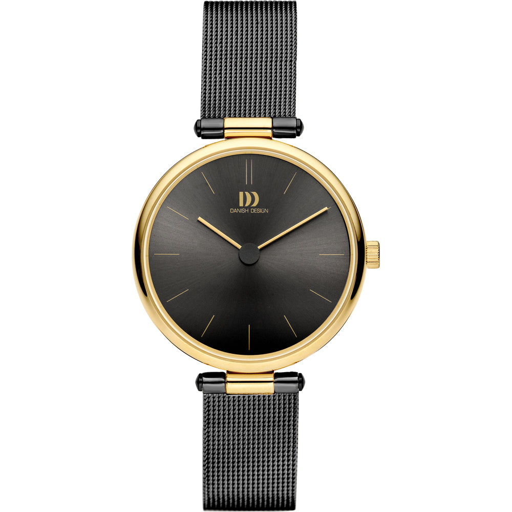 Zwart horloge met gouden kast en mesh-band, ronde wijzerplaat met minimalistische indexen.