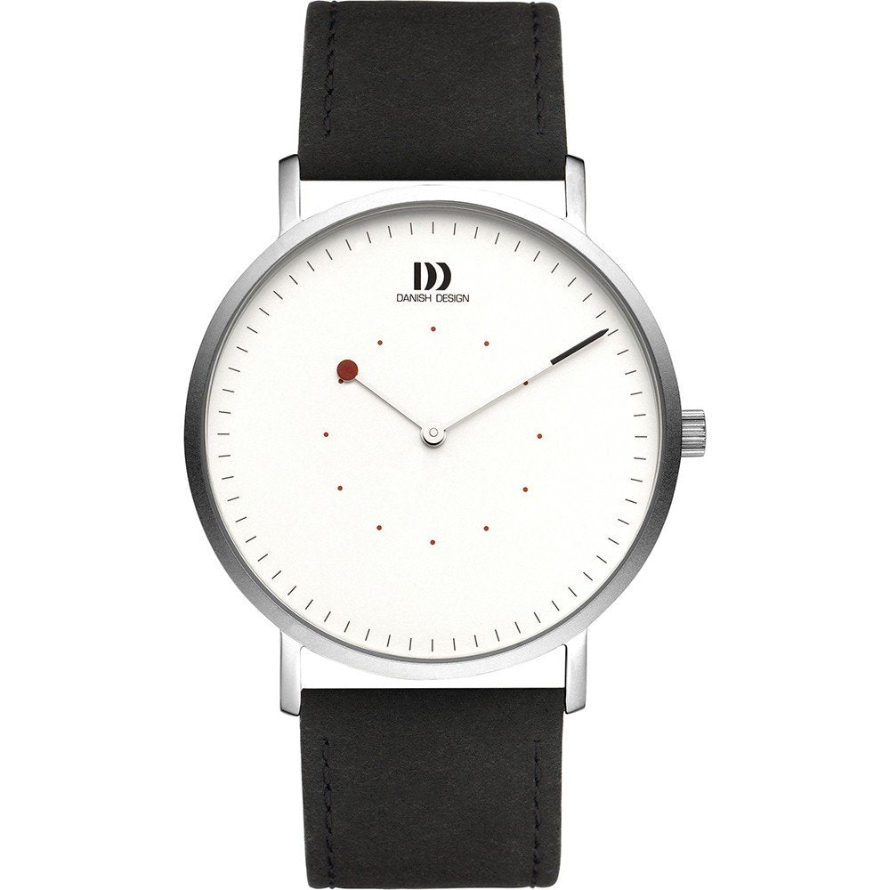 Zwart leren horloge met een witte wijzerplaat, zilveren kast en rode accenten.