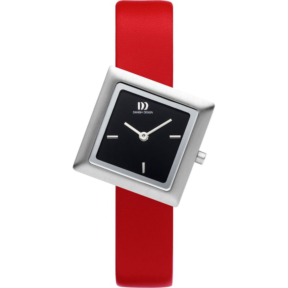 Vierkant horloge met zwarte wijzerplaat, zilveren kast en rode rubberen band.