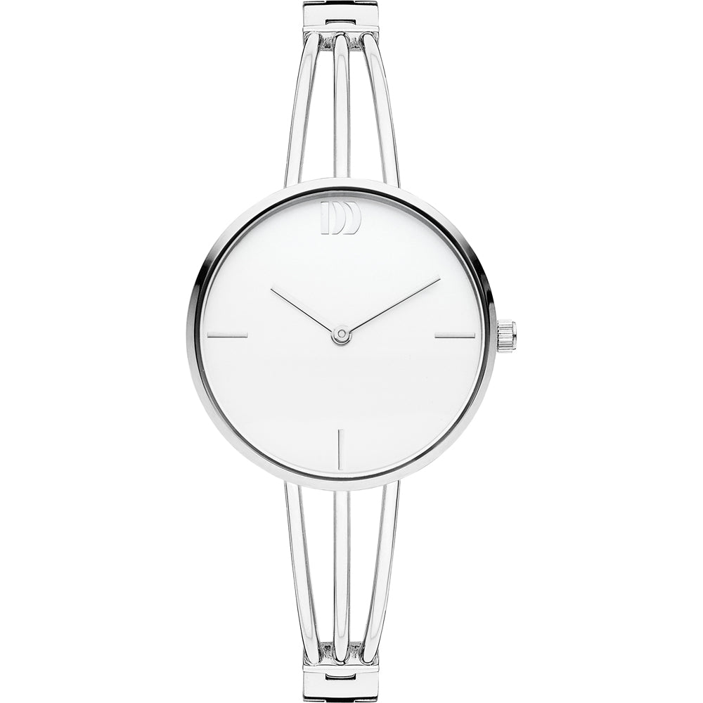 Zilveren horloge met een minimalistische witte wijzerplaat en een opengewerkte band.