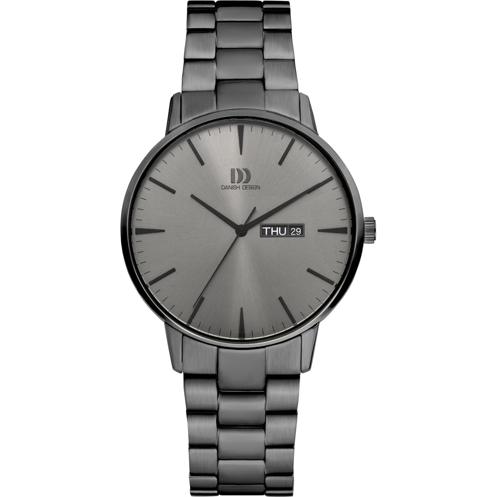 Zilveren horloge met een grijze wijzerplaat, metalen schakelband en datumaanduiding.