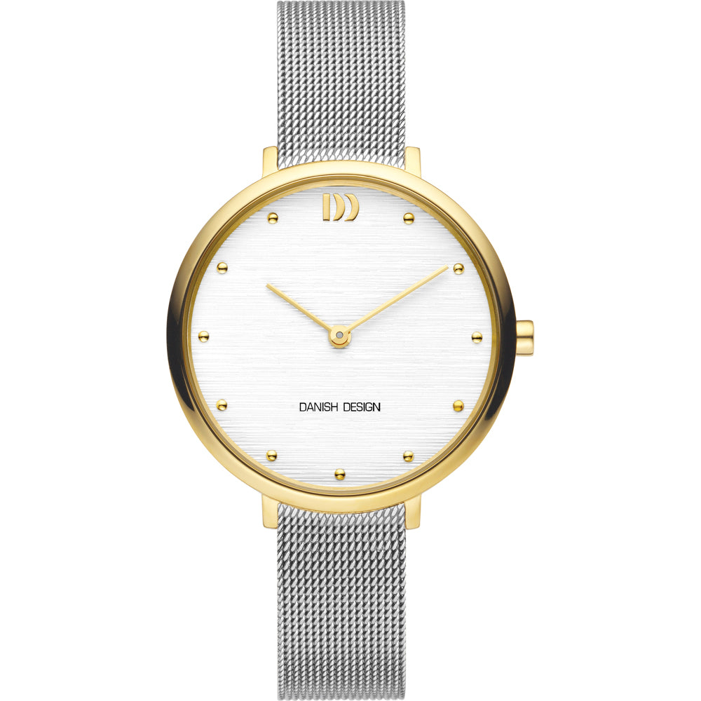 Gouden horloge met witte wijzerplaat en mesh-band, voorzien van gouden stippen als index.