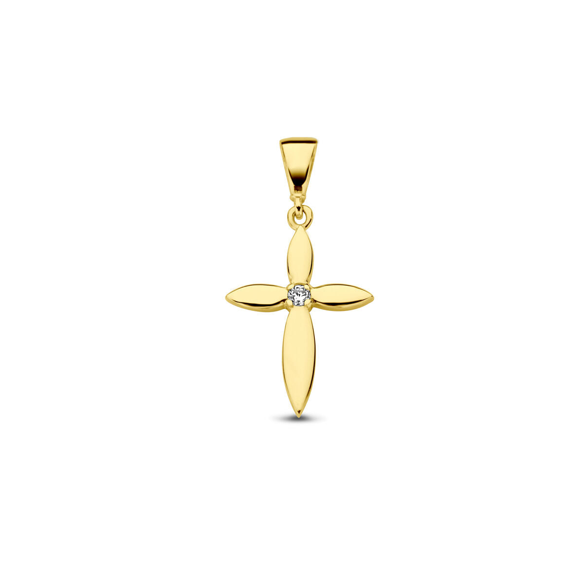 De Van der Kooij Collectie hanger kruis zirkonia 14K geelgoud heeft bloembladvormige armen en een centrale ronde zirkonia. Uniseks, subtiel en tijdloos sieraad, stijlvol gepresenteerd op een witte achtergrond.