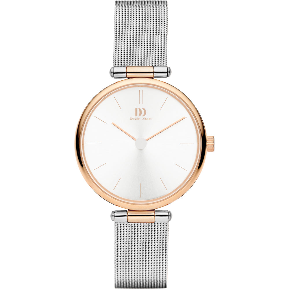 Roségouden horloge met een witte wijzerplaat en een zilveren mesh-band.
