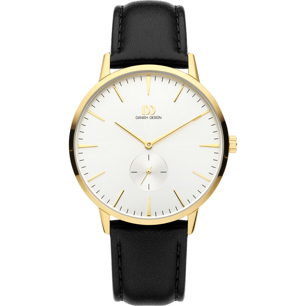Gouden horloge met witte wijzerplaat en zwarte leren band, voorzien van een kleine secondewijzer.