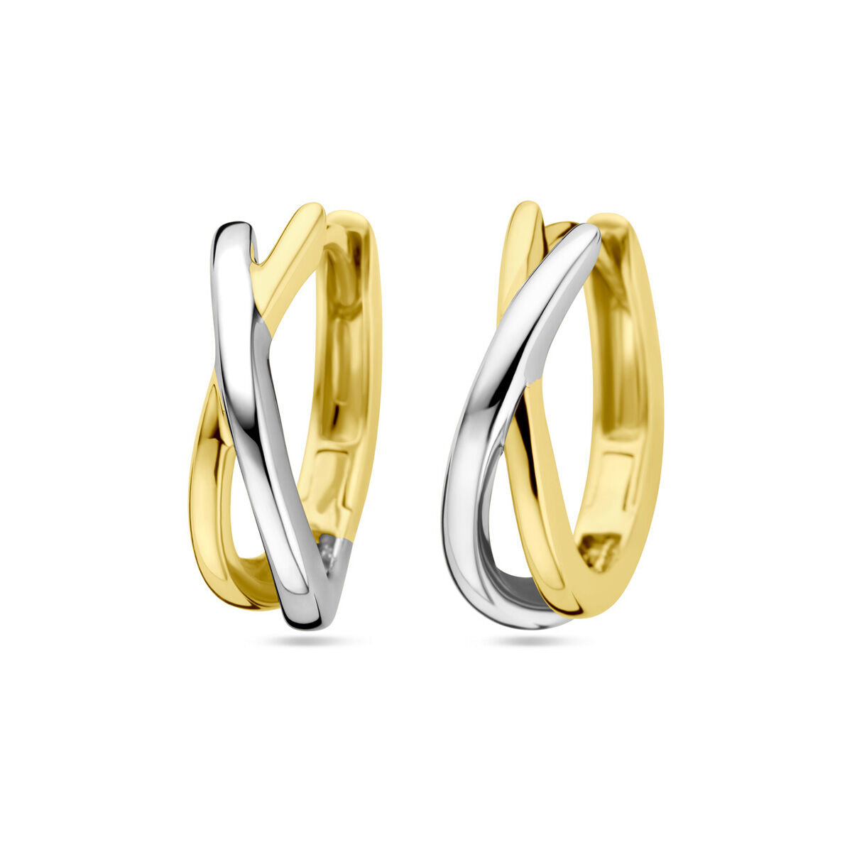 Klapoorringen van 14K bicolor goud in geel en wit met een moderne, gekruiste vorm.