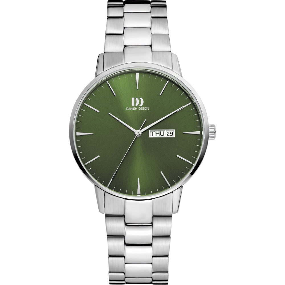 Zilveren horloge met groene wijzerplaat, datumaanduiding en metalen schakelband.