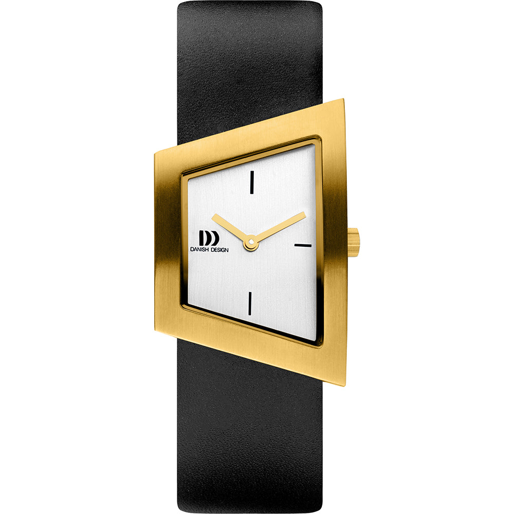 Gouden vierkant horloge met witte wijzerplaat en zwarte leren band.