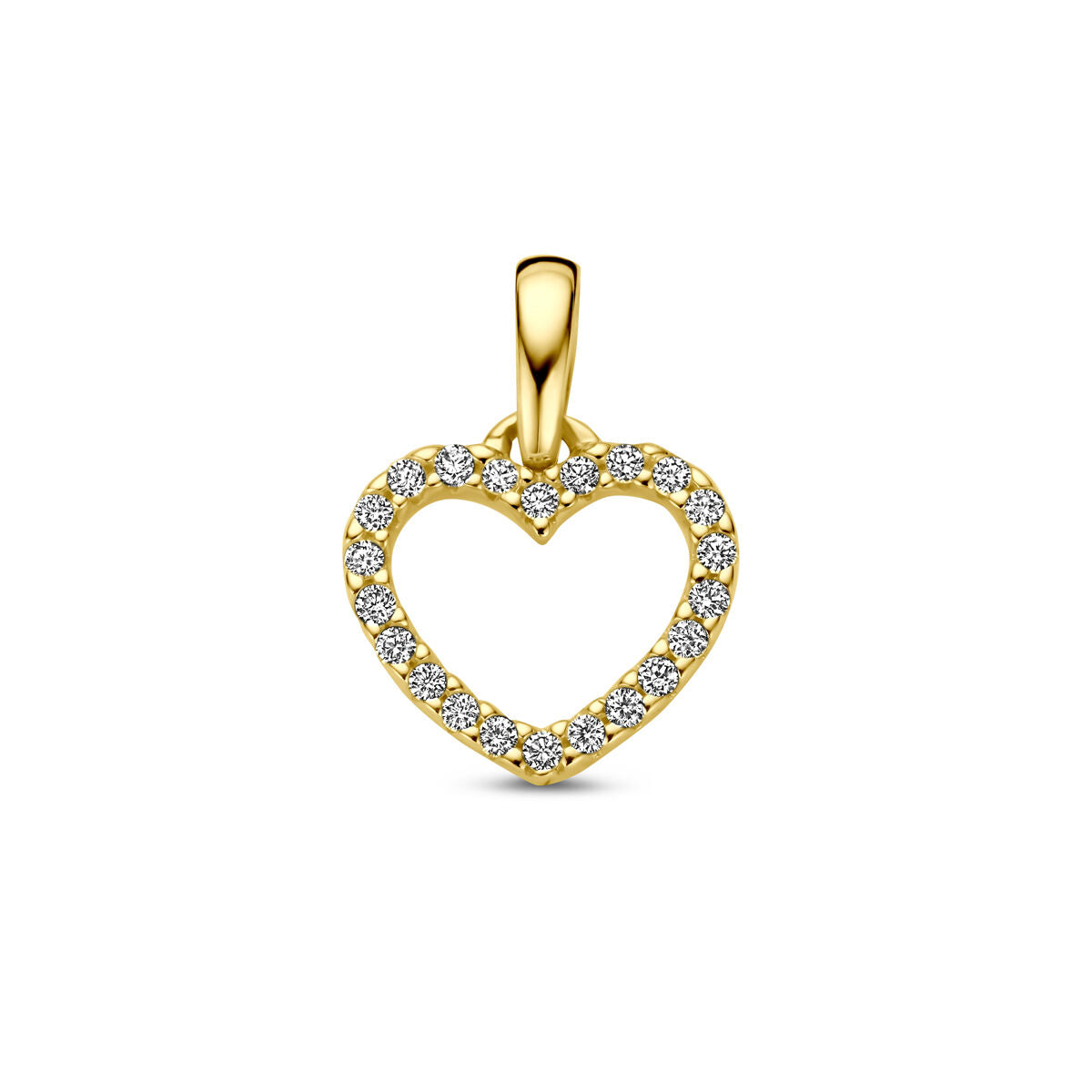 De hanger hart en diamant H SI 14K geelgoud van de Van der Kooij Collectie heeft een open hartvorm met fonkelende diamanten, ideaal als valentijnscadeau. Het sieraad is afgebeeld tegen een simpele witte achtergrond.