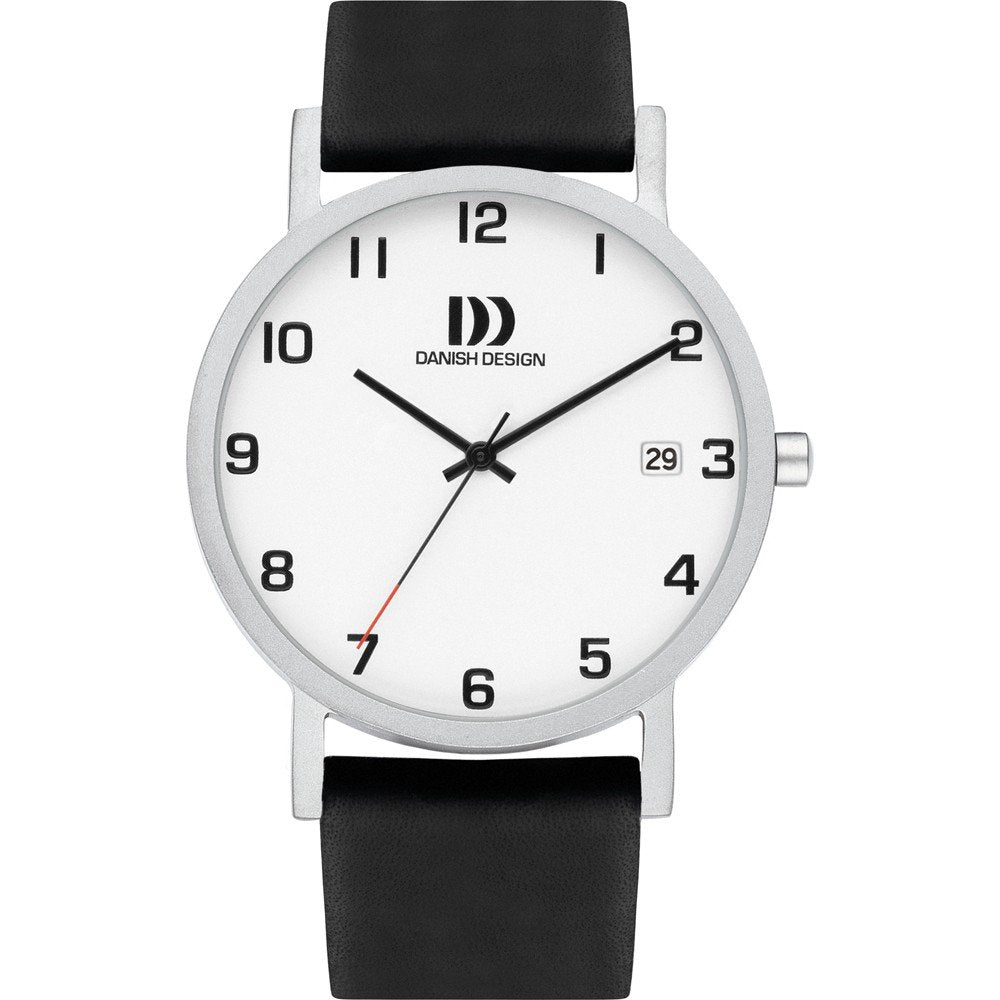 Zilveren horloge met witte wijzerplaat, zwarte leren band en eenvoudige cijfers.
