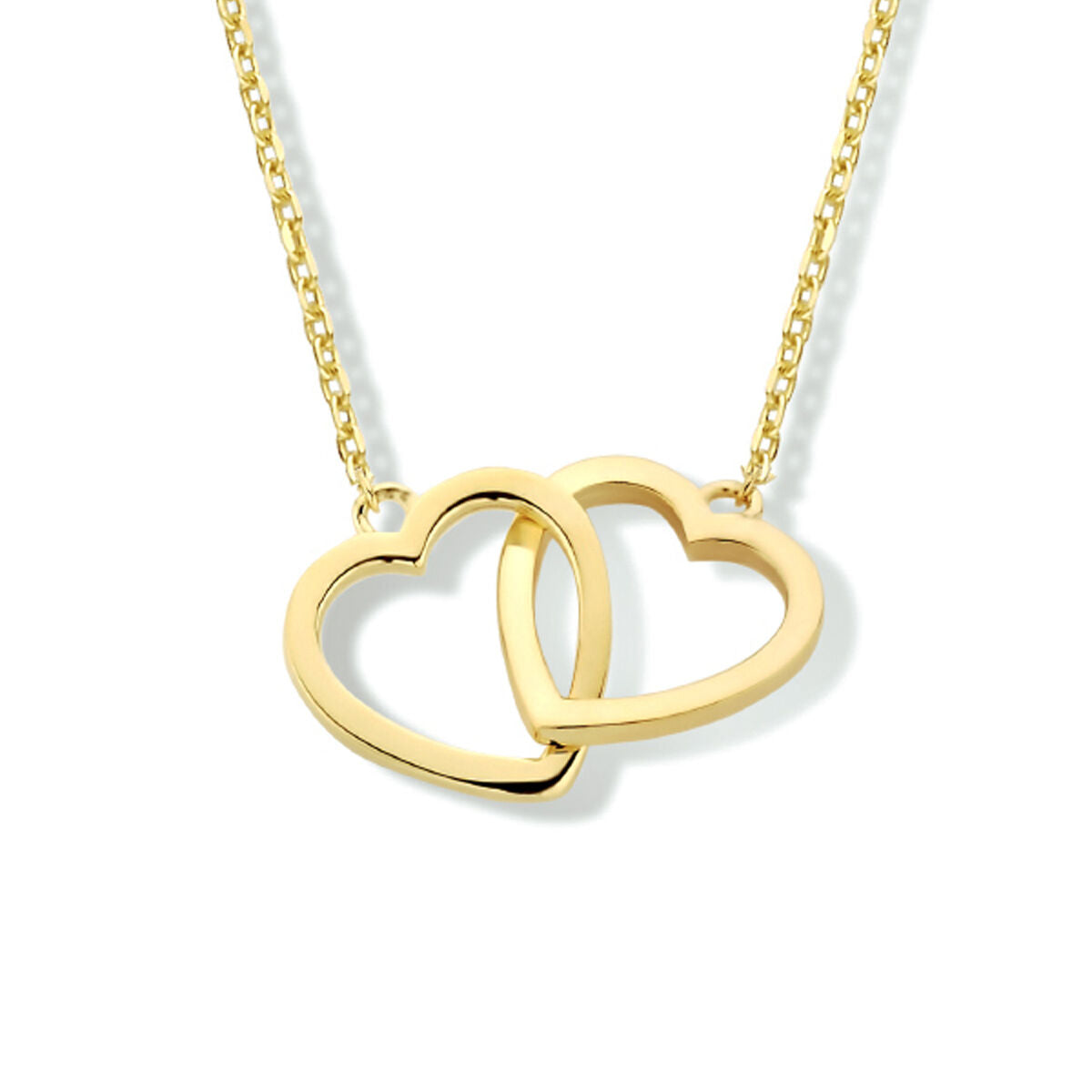 Collier van 14K geelgoud met twee open hartjes, verstelbare lengte van 40 tot 44 cm.