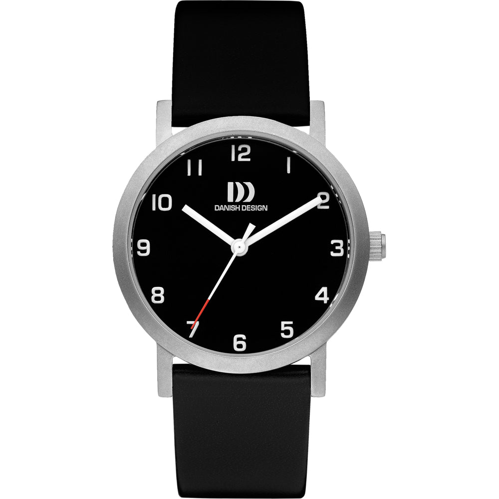 Zwart horloge met een ronde wijzerplaat, zilveren kast en zwarte rubberen band.