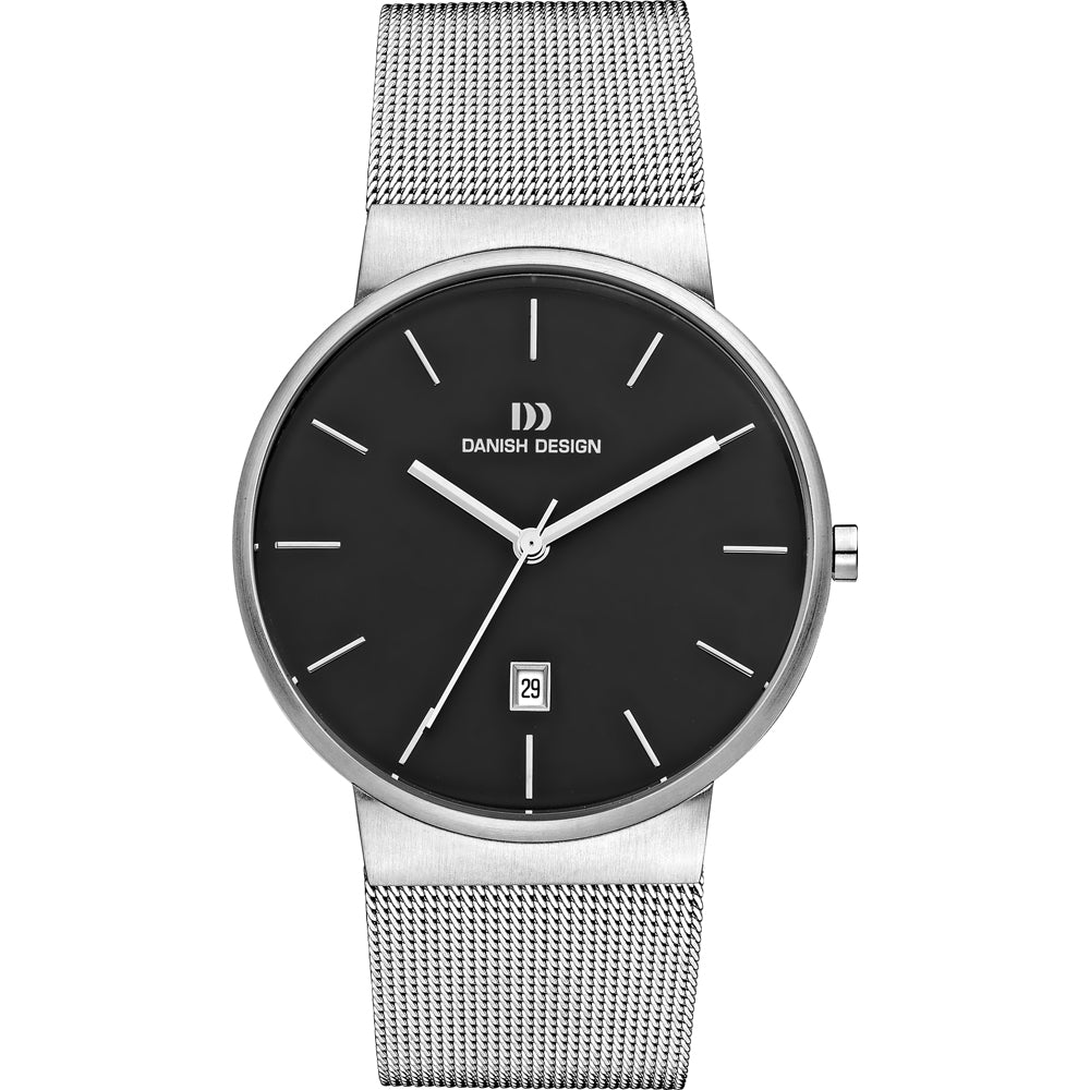 Zilveren horloge met zwarte wijzerplaat en mesh-band, voorzien van datumaanduiding.