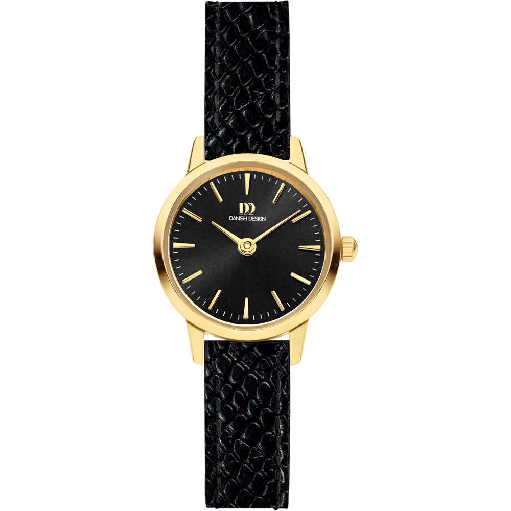 Gouden horloge met zwarte leren band en een zwarte wijzerplaat.