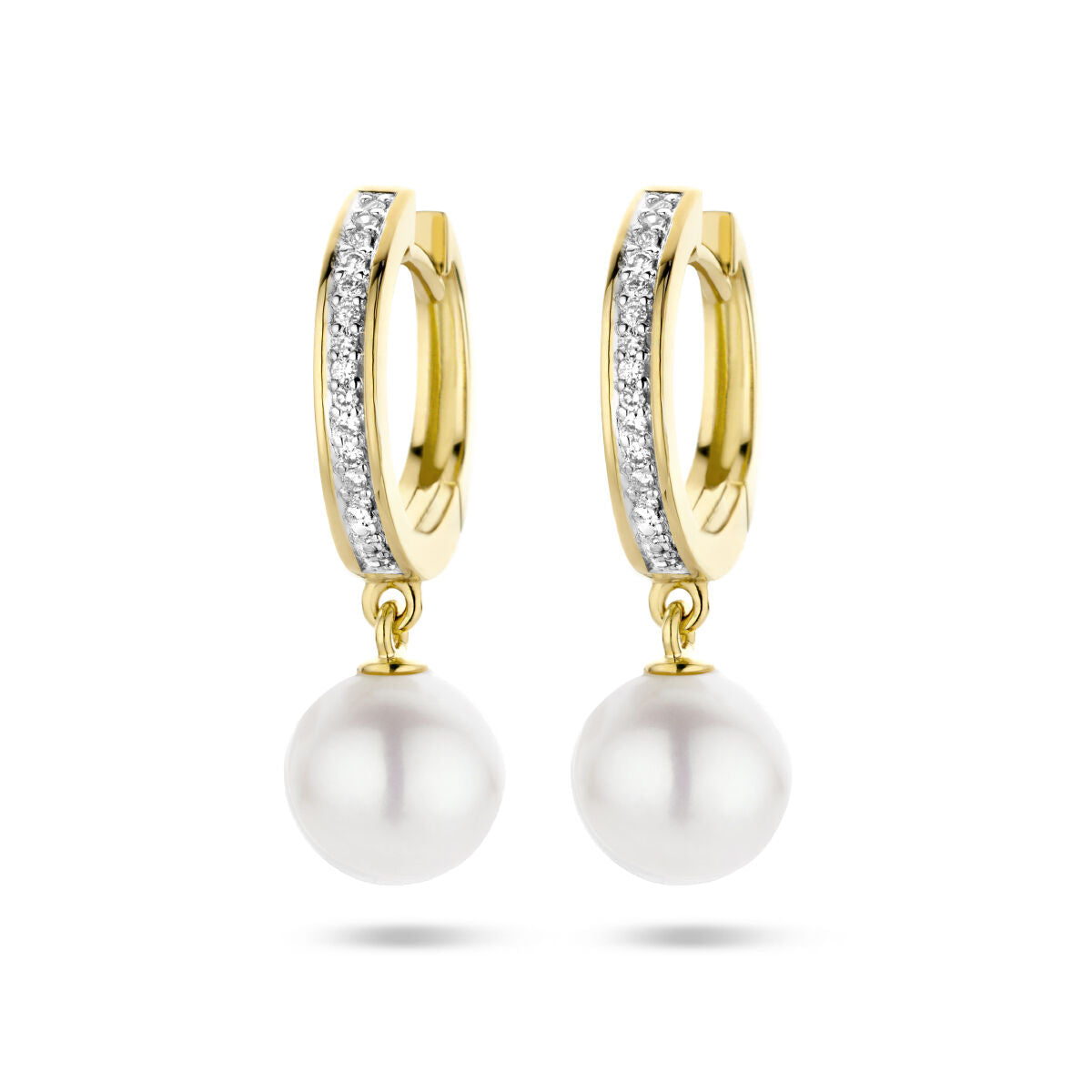 Klapoorringen van 14K geelgoud met een parel en een rijtje diamanten (0.08ct) in bicolor afwerking.