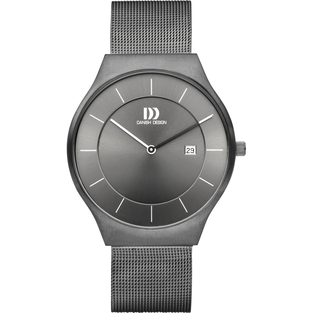 Grijs horloge met een minimalistische wijzerplaat, mesh-band en datumweergave.