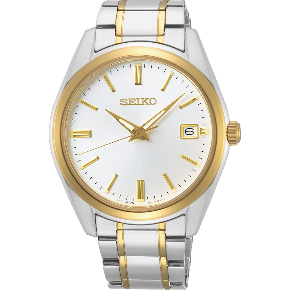 Heren horloge met een zilveren en gouden stalen band, witte wijzerplaat en goudkleurige indexen.