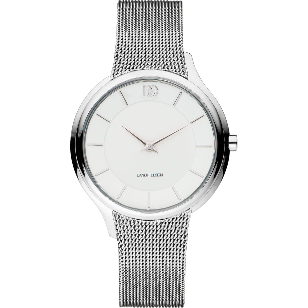 Zilveren horloge met een witte wijzerplaat en een mesh-band.