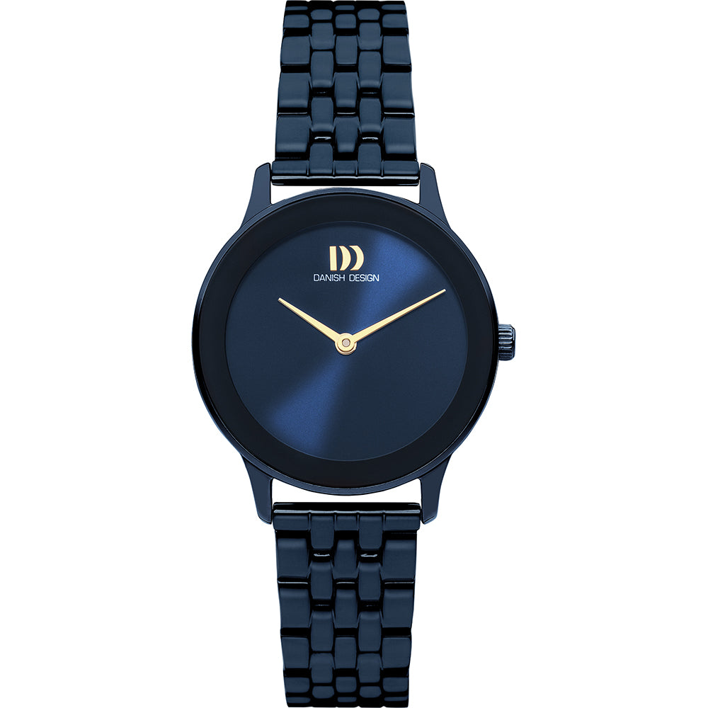 Zwart horloge met een glanzende wijzerplaat en gouden wijzers, voorzien van een schakelband.