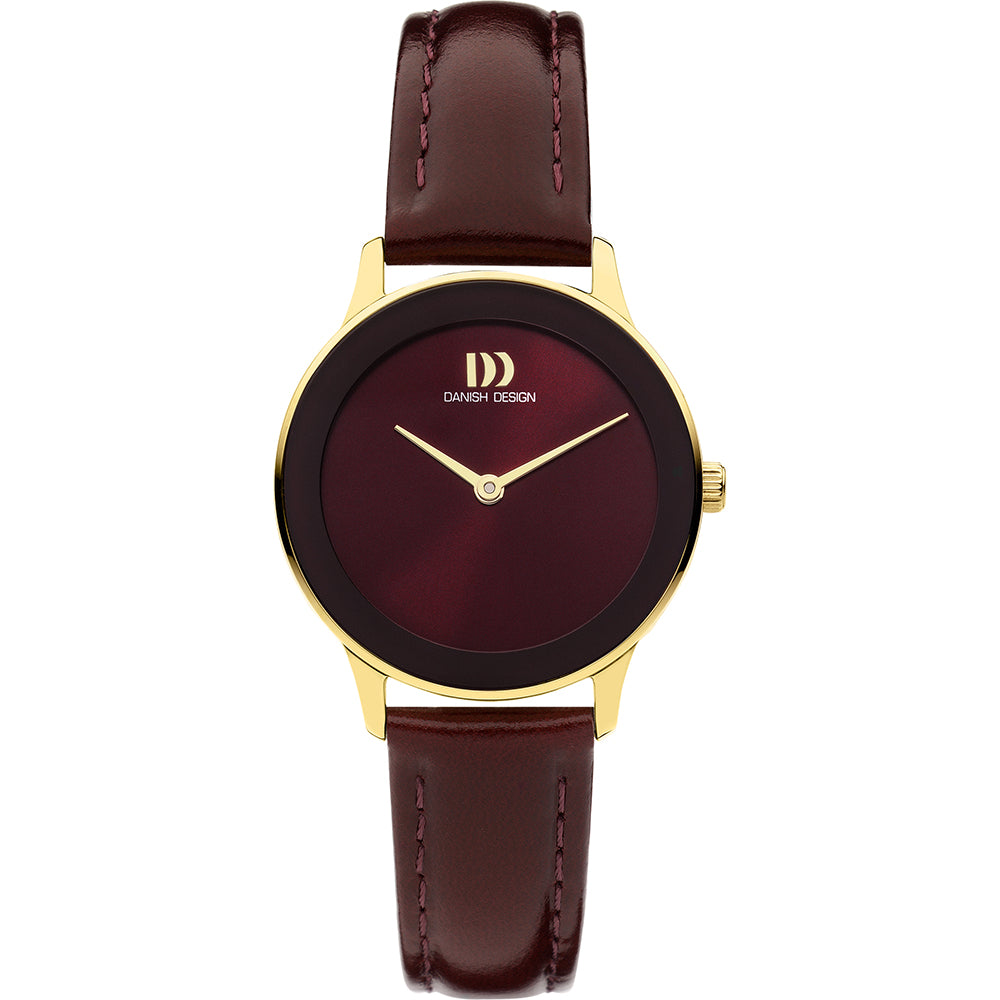 Dames horloge met bordeaux wijzerplaat, gouden kast en bordeaux leren band.