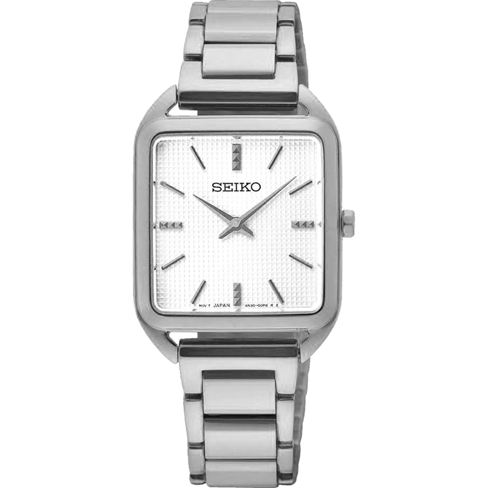 Het Seiko dames horloge SWR073P1 heeft een rechthoekige wijzerplaat met witte structuur, zilverkleurige uurmarkeringen en een roestvrijstalen schakelband voor een eenvoudige, elegante look.
