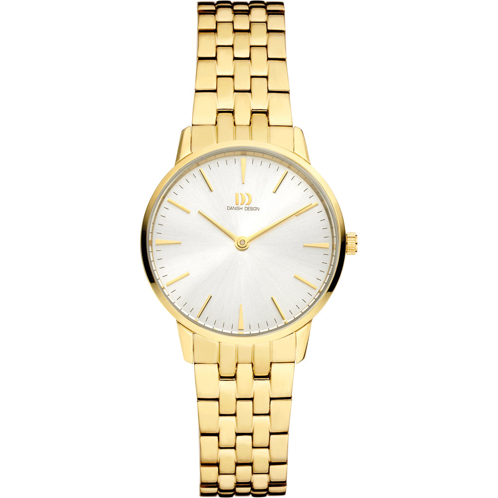 Gouden horloge met een zilveren wijzerplaat en een schakelband.