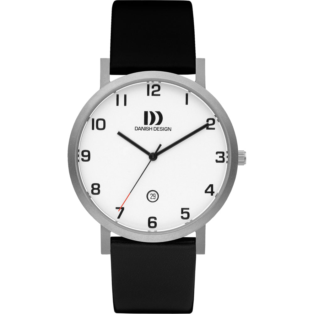 Zilveren horloge met een witte wijzerplaat, zwarte leren band en duidelijke cijfers.