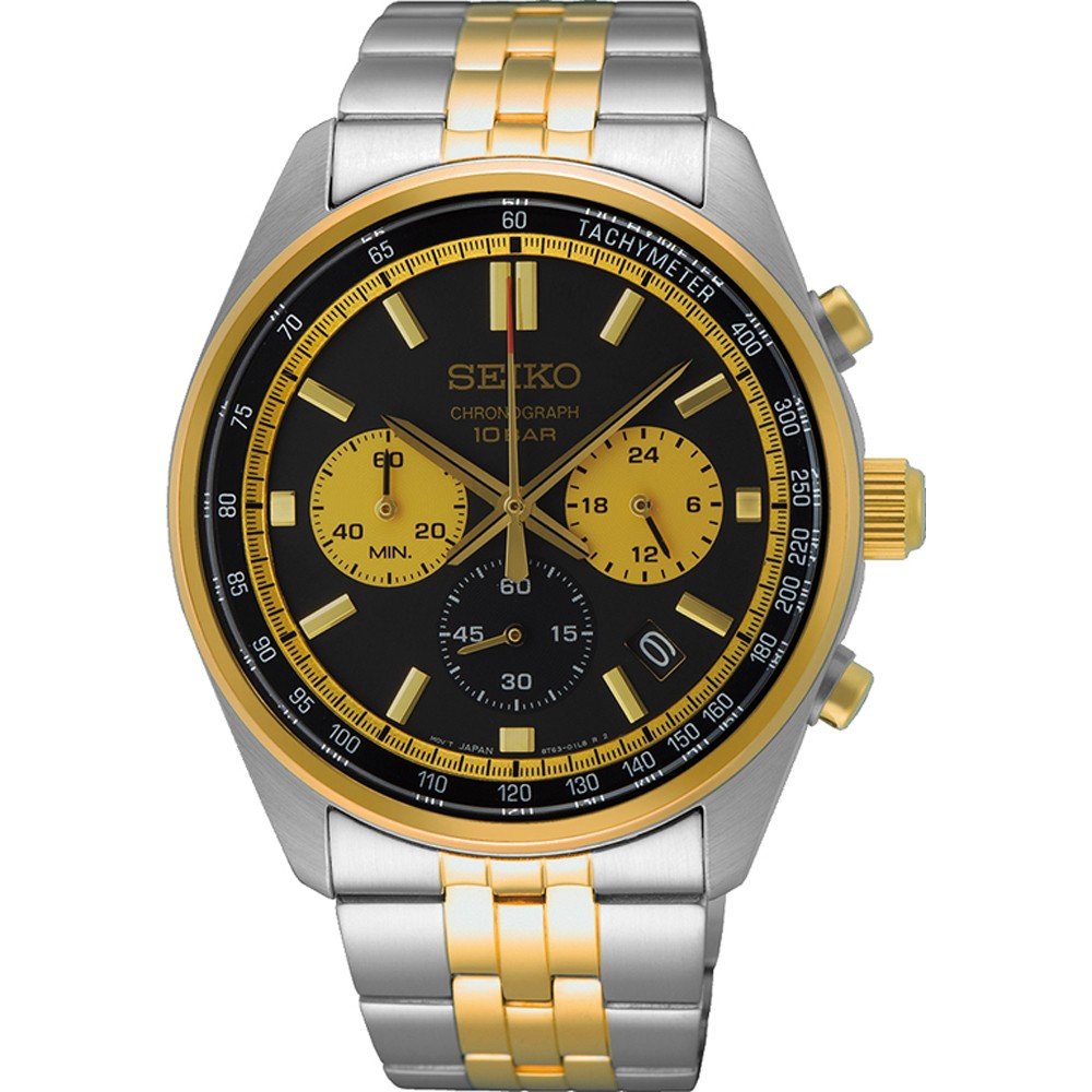 Heren horloge met zwarte wijzerplaat, chronograaf, zilveren en gouden band, en goudkleurige details.