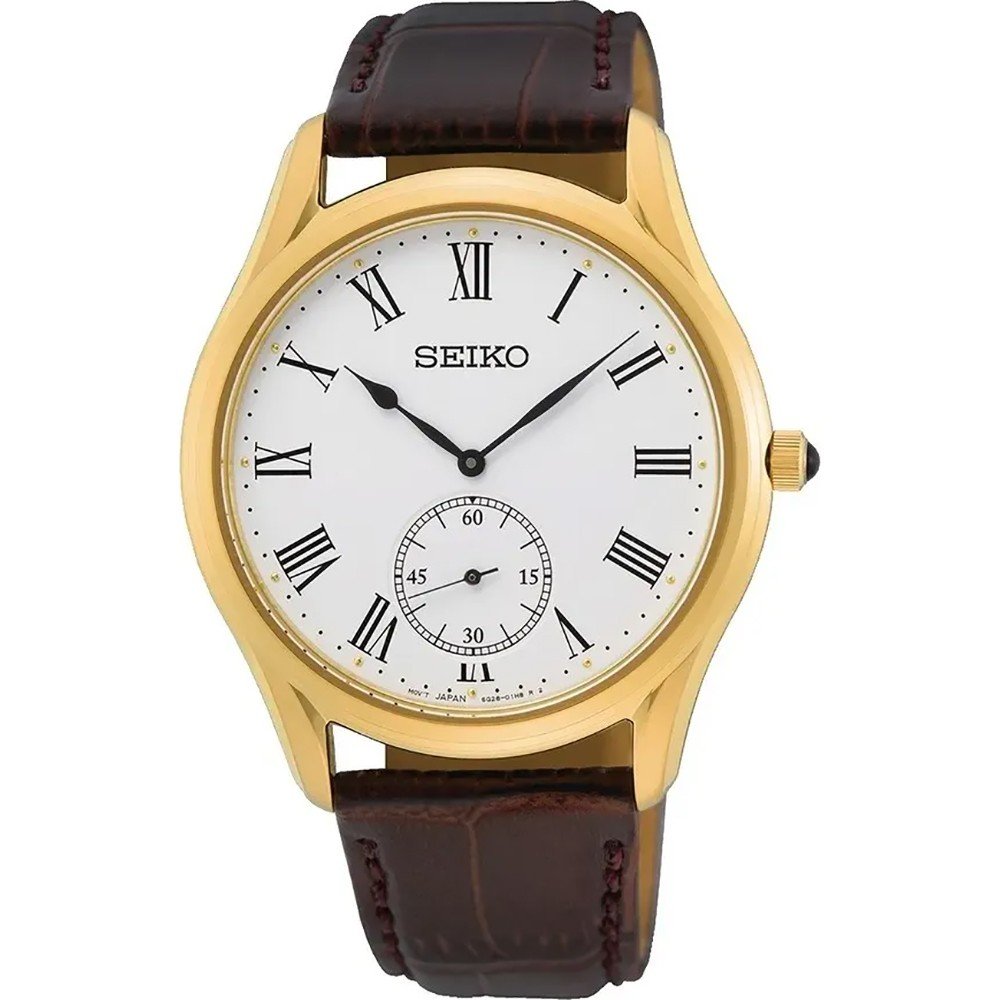 Heren horloge met gouden kast, witte wijzerplaat, Romeinse cijfers en bruine lederen band.