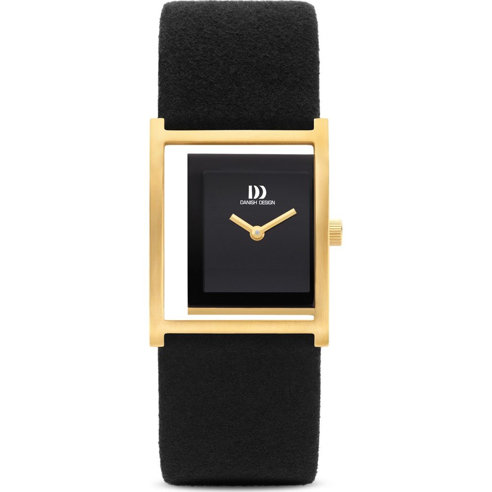 Dames horloge met zwarte wijzerplaat, vierkant gouden kast en zwart leren band.