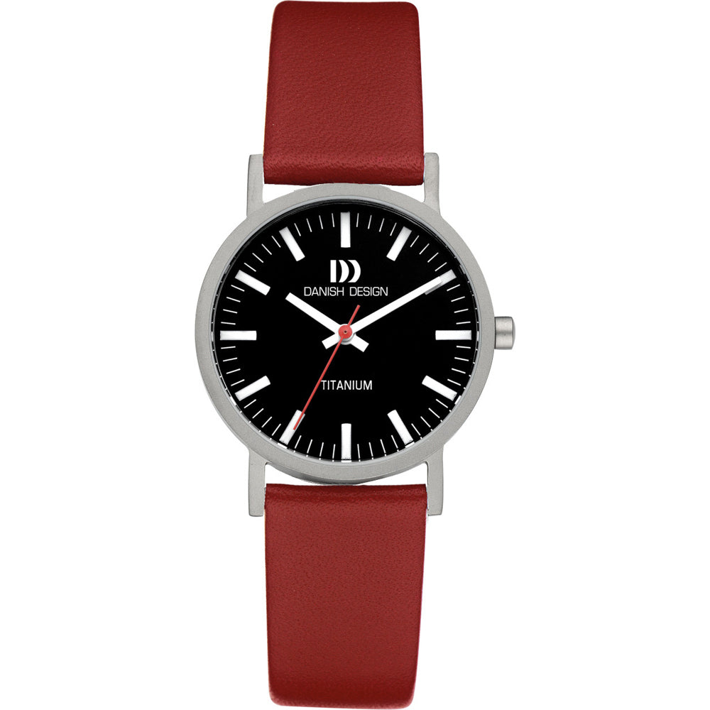 Dames horloge met zwarte wijzerplaat, titanium kast en een rode rubberen band.