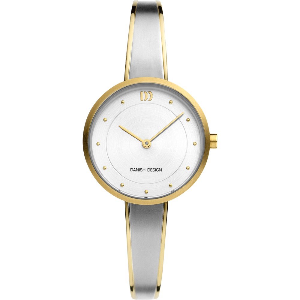 Gouden horloge met witte wijzerplaat en een zilveren band.