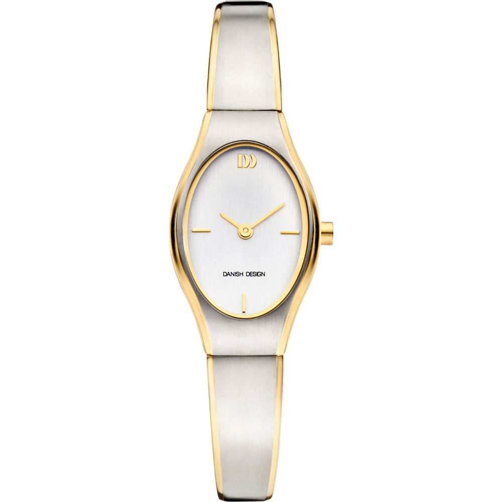 Gouden en zilveren horloge met een ronde wijzerplaat en een minimalistisch ontwerp.