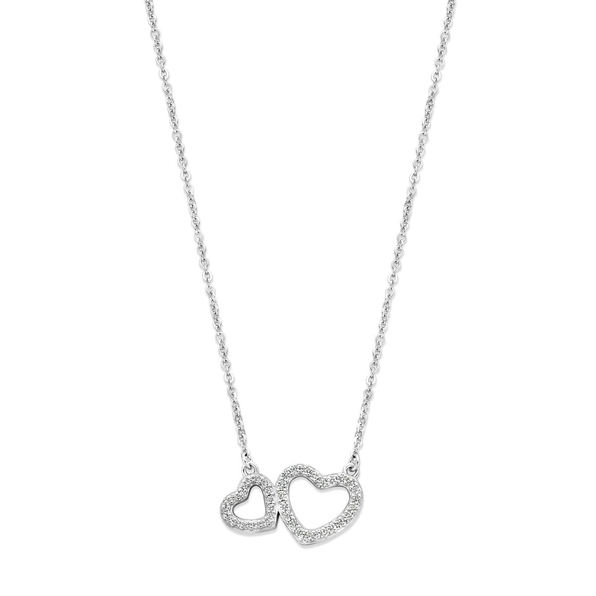 Zilveren gerhodineerde ketting met twee hartjes, versierd met zirkonia.