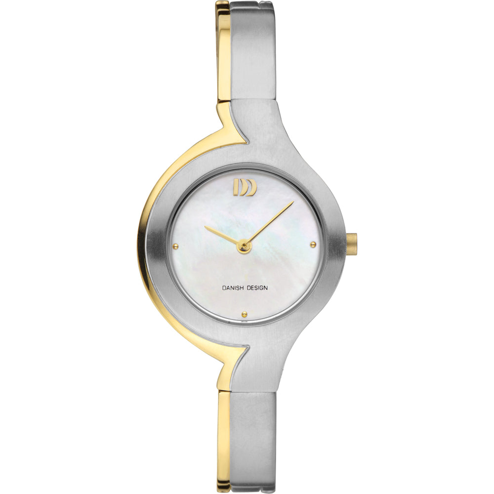 Zilveren en gouden horloge met een parelmoer wijzerplaat en minimalistische wijzers.
